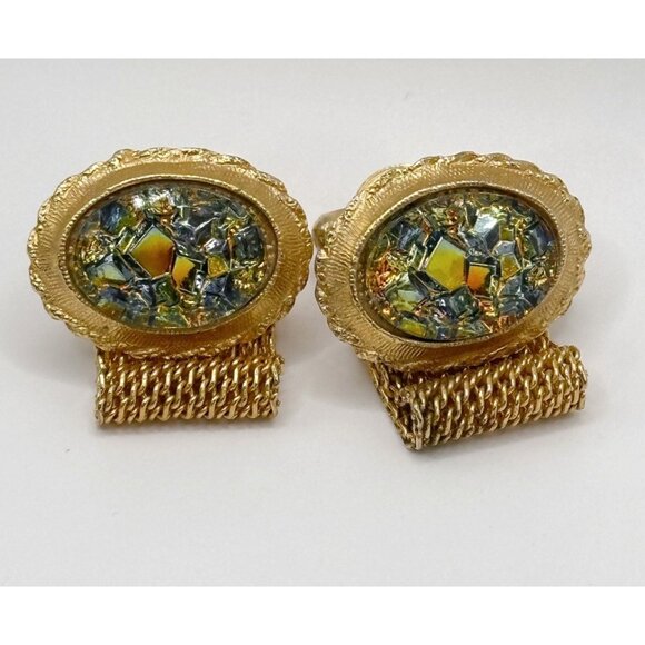 Vintage, Iridescent Glass, Wrap Around Cuff Links, Mesh, Gold Tone - Picture 1 of 5